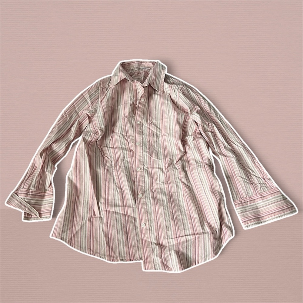 ▫️MOTHERHOOD MATERNITY: Women’s L, pink w/multicolor stripe button down top▫️
